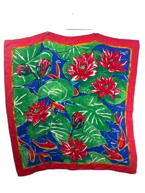 Vintage Ginnie Johansen Scarf Red Silk Lotus Flower Koi Fish Floral Square Artsy